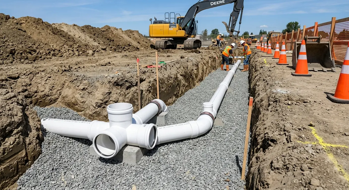 New PVC sewer pipe installation in open trench for Sewer Backup in Williamstown