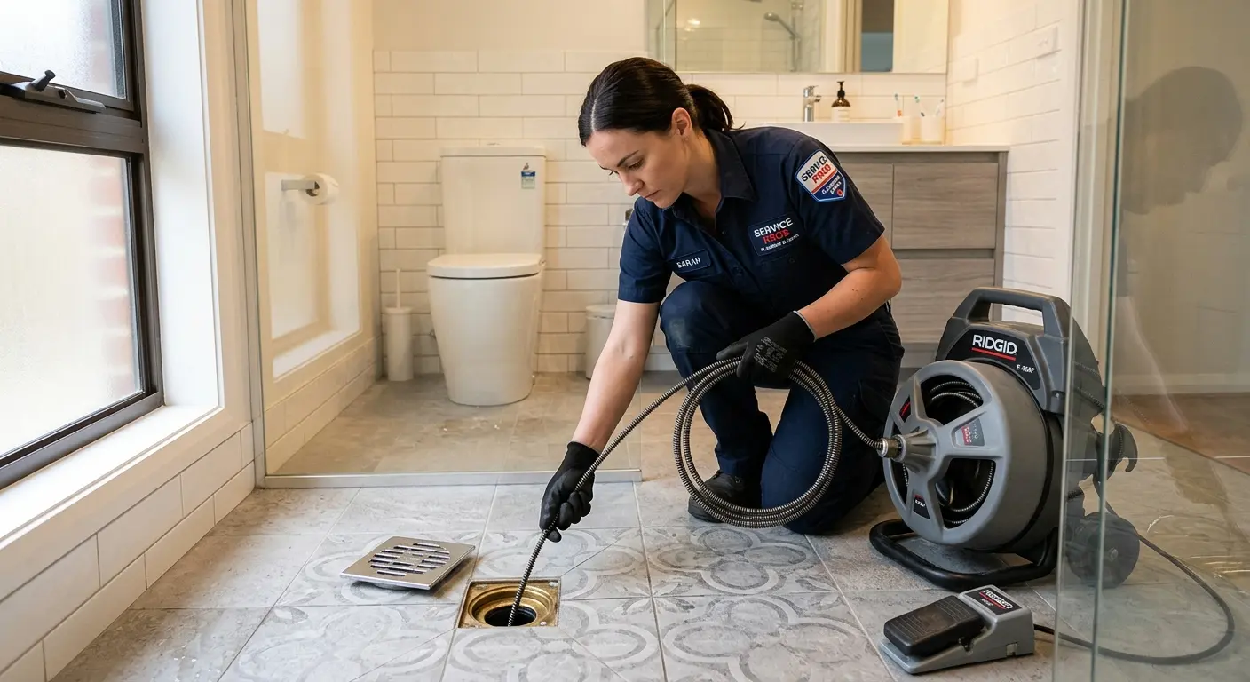 Technician clearing a bathroom floor drain for Sewer Line Installation in Williamstown